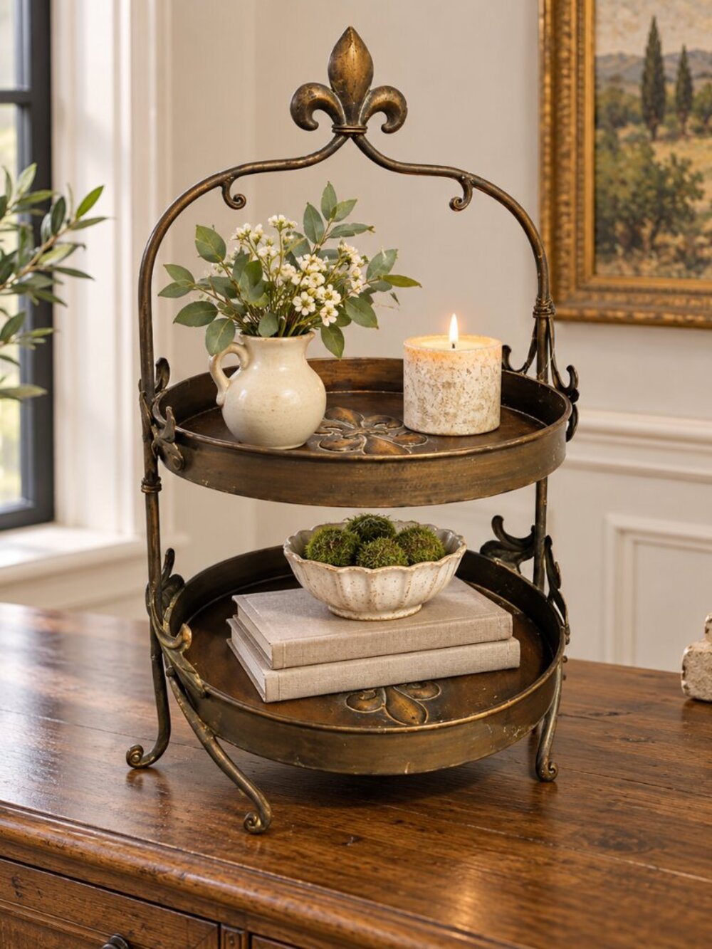 Rustic Fleur-de-Lis Two-Tier Metal Display Stand